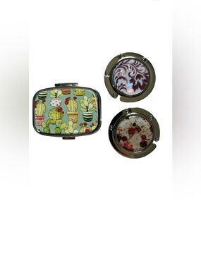 Fashion Cactus Pill Box & Floral Steel Foldable Handbag Table Hook Set of 2